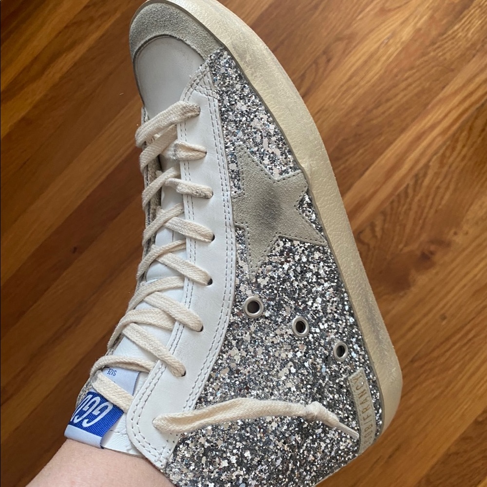 Golden Goose Women’s Francy High Top Sneakers, Size 7, Silverwhite